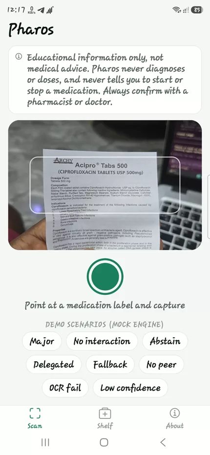 Pharos S25 scan screen framing an Acipro ciprofloxacin label.